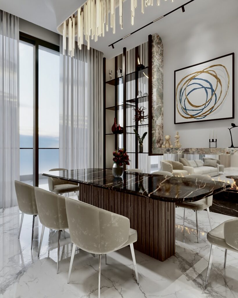 Black marble dining table with velvet chairs beside glass display shelves and sea-view windows