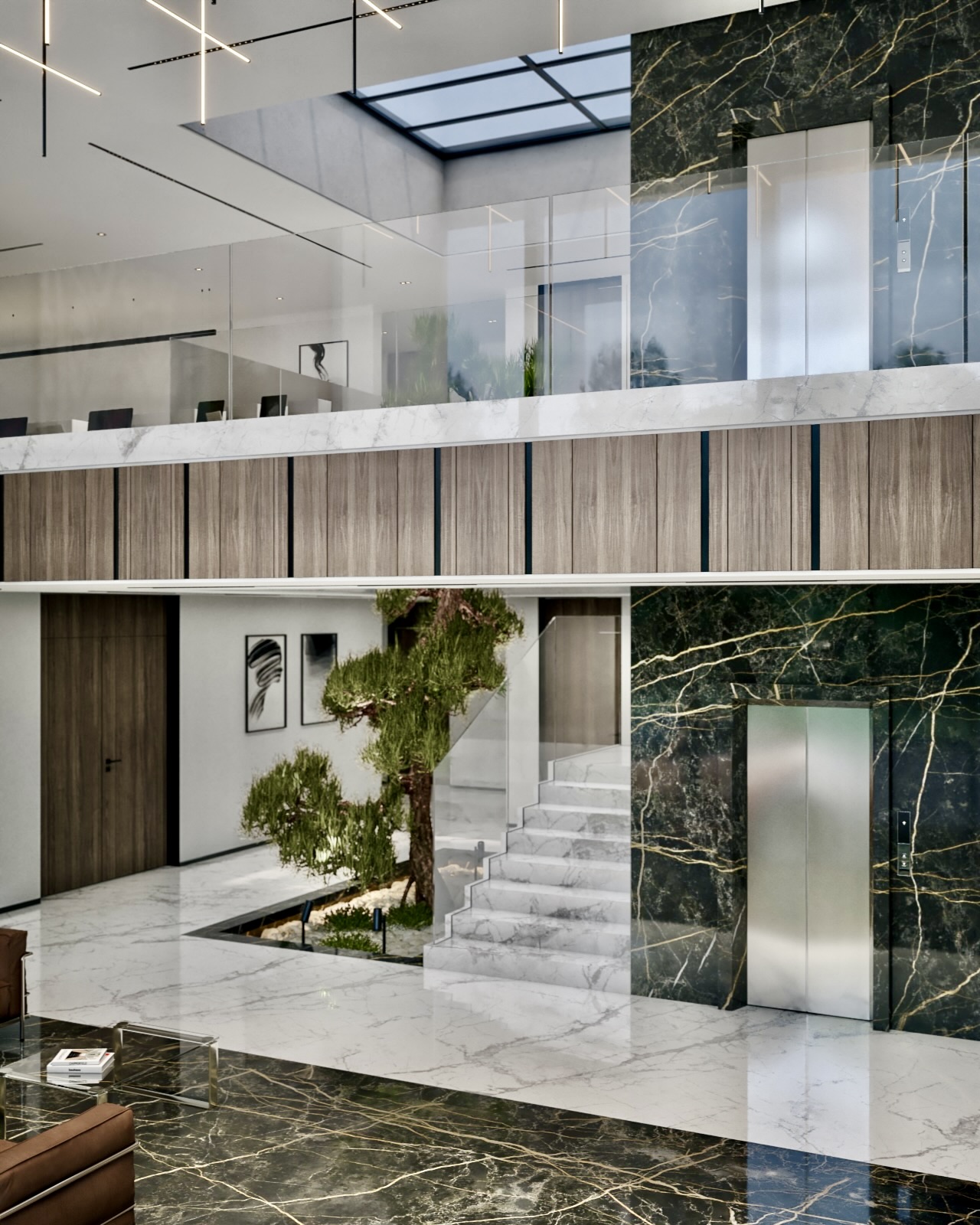 NIGP headquarters double-height atrium with a marble staircase, indoor tree and glass balustrades