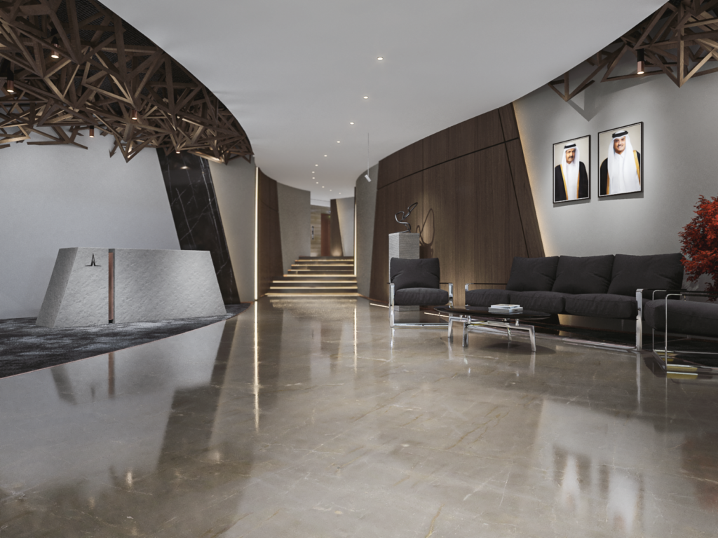 Burj Al-Mana VIP lobby with a stone reception desk, bronze lattice ceiling and dark lounge seating
