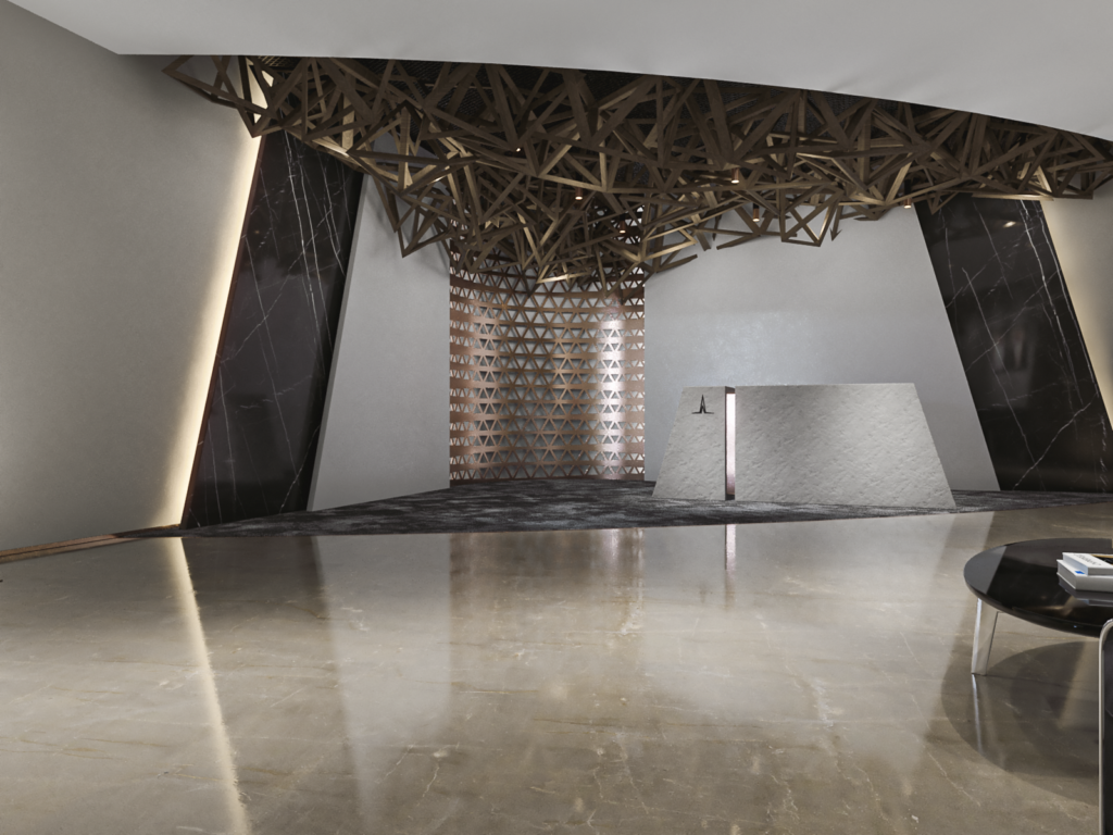 Stone reception desk beneath a sculptural bronze lattice canopy between black marble walls