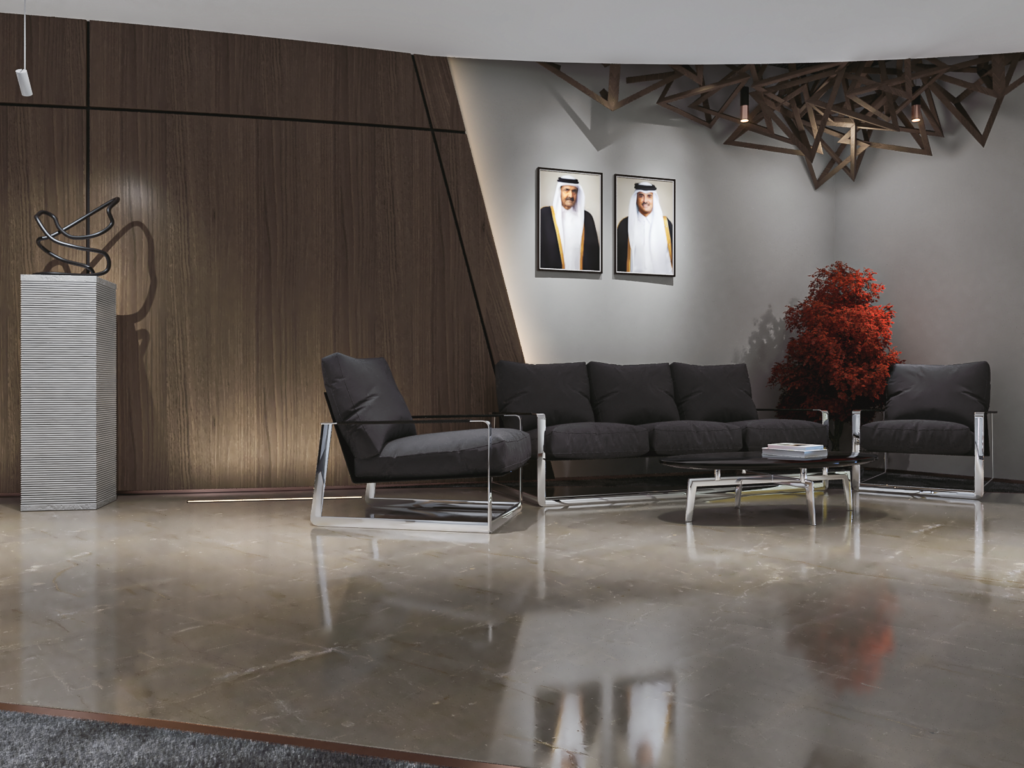VIP lounge with chrome-framed sofas against walnut wall panels and framed official portraits