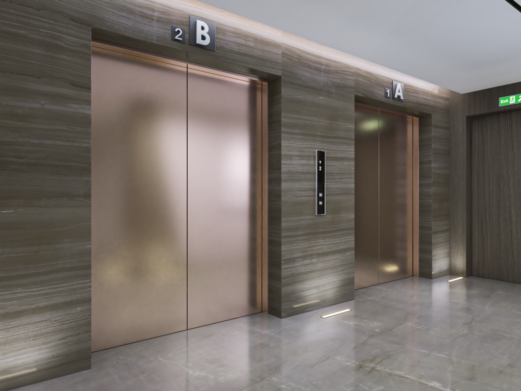 Private lift lobby with bronze elevator doors set in grey veined stone cladding