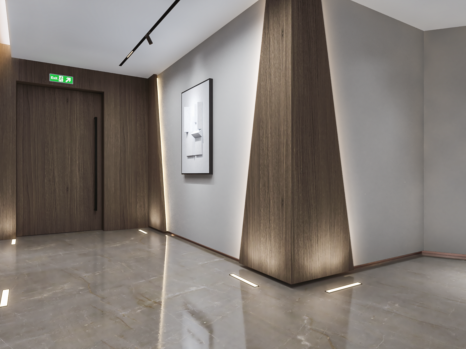 Corridor with an angled walnut column, framed art and linear floor lights leading to the exit