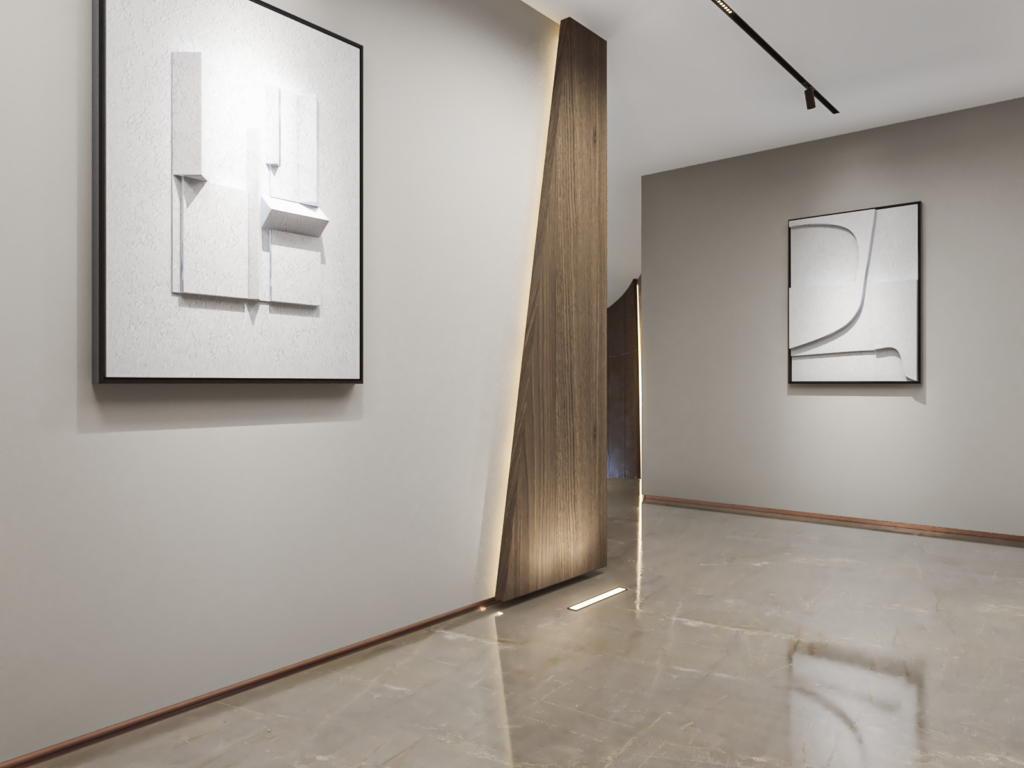 Gallery corridor with white relief artworks, an angled walnut fin wall and polished stone floor