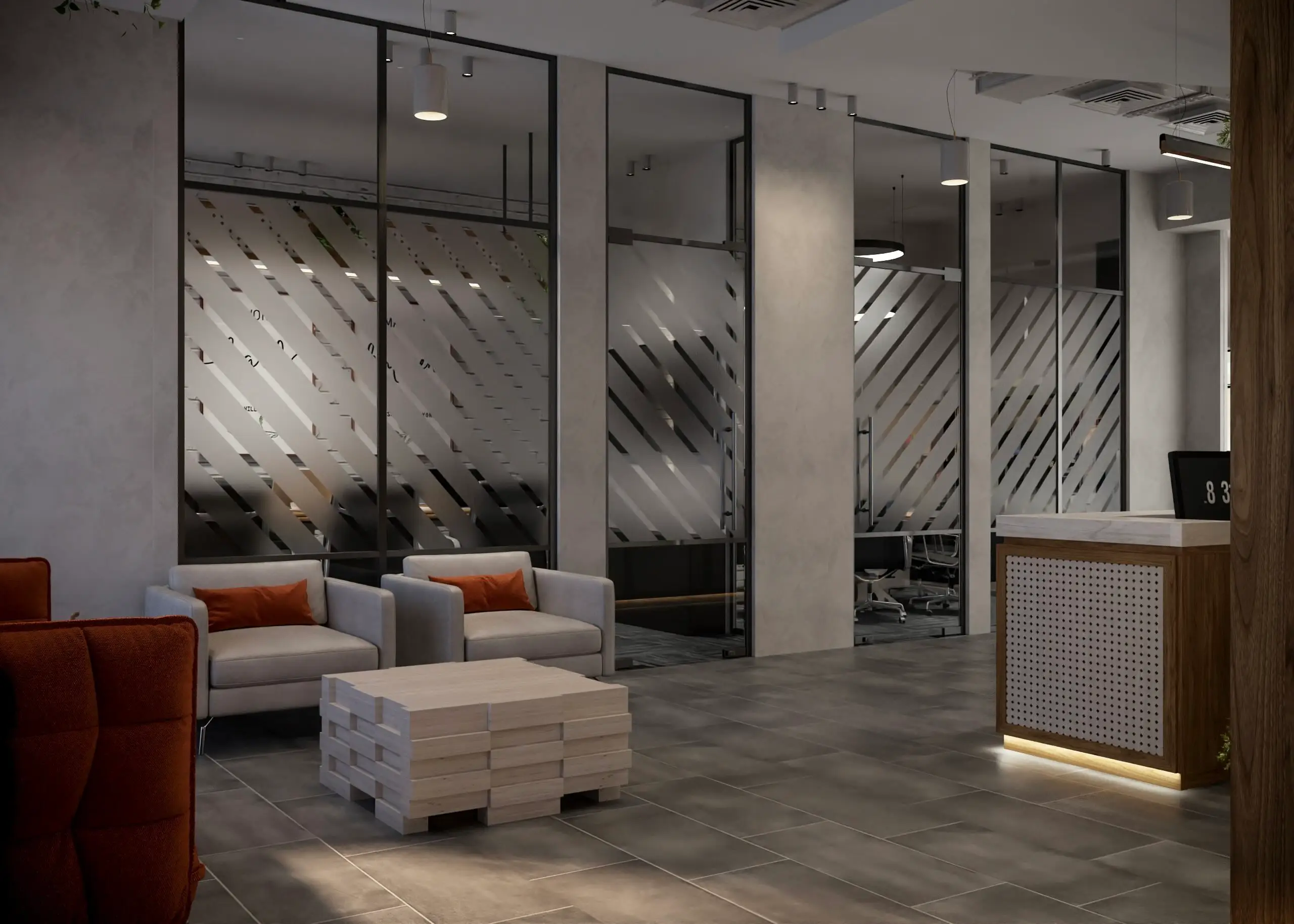 Waiting lounge with grey armchairs, a timber block table and frosted-glass meeting rooms