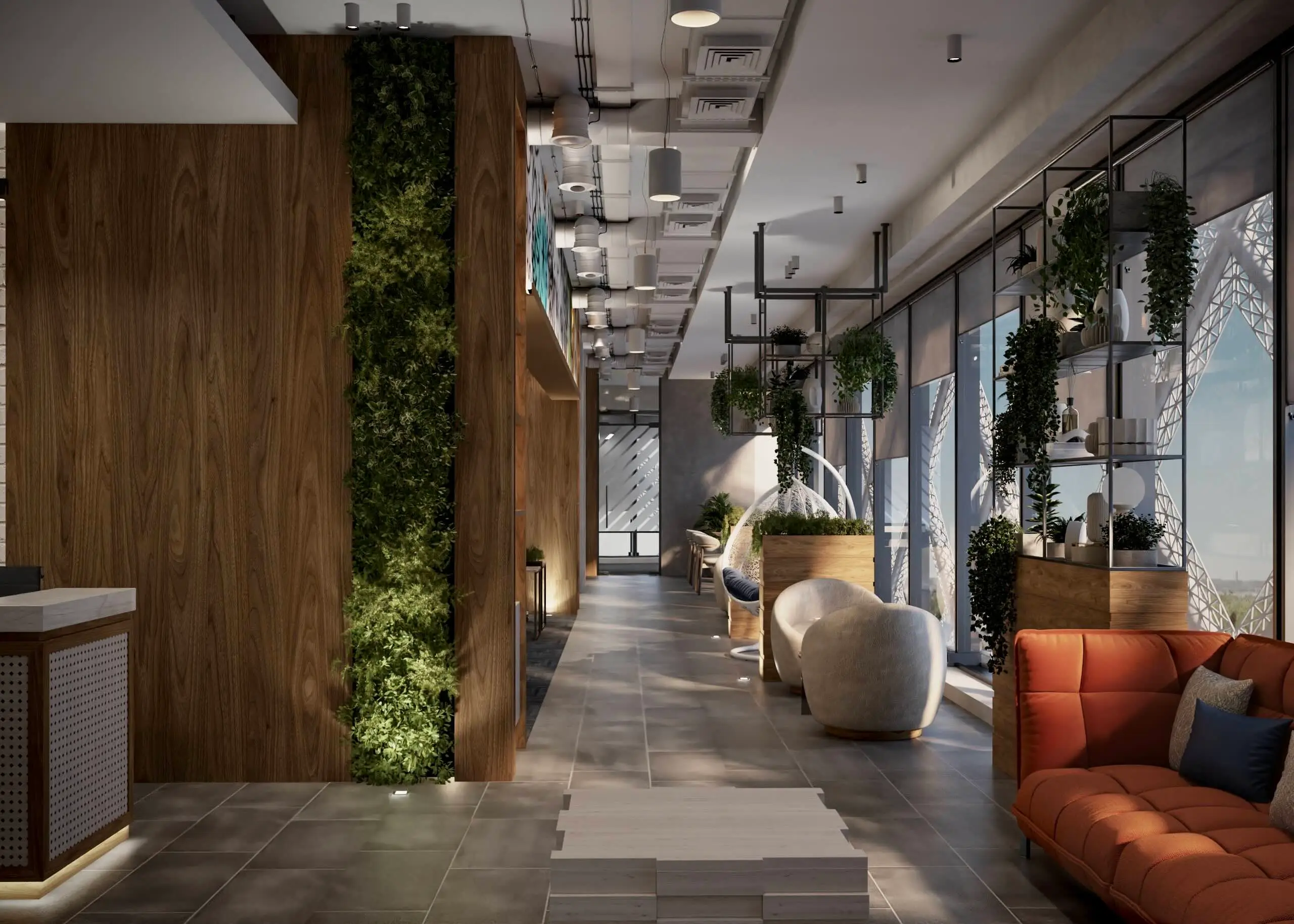 Walnut-panelled corridor with a vertical green wall, hanging planters and lounge chairs by the windows