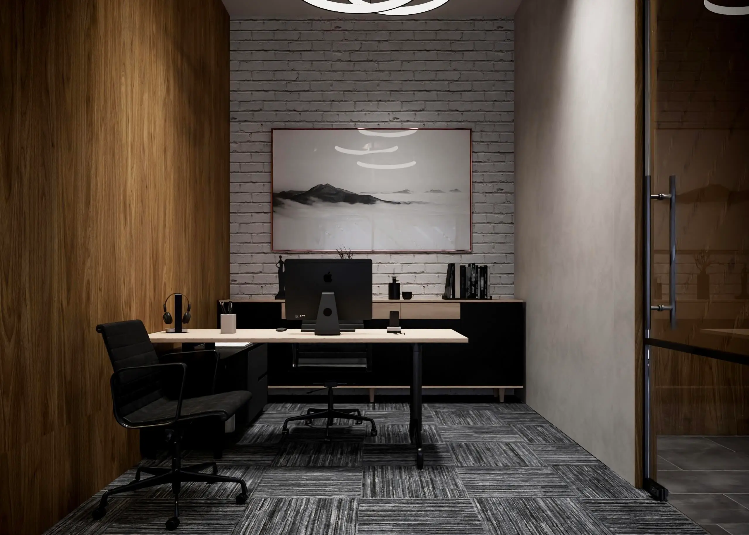 Private office with a walnut wall, white brick and a black desk on grey carpet tiles