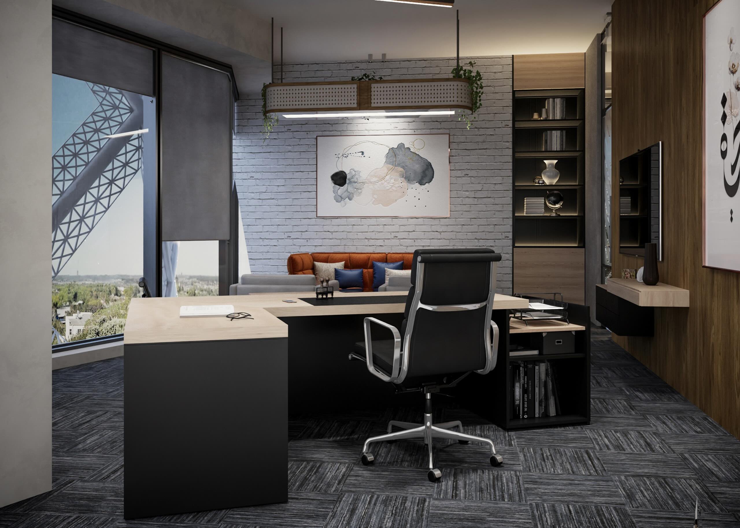 Manager's office with an L-shaped oak and black desk, leather chair, brick wall and city view