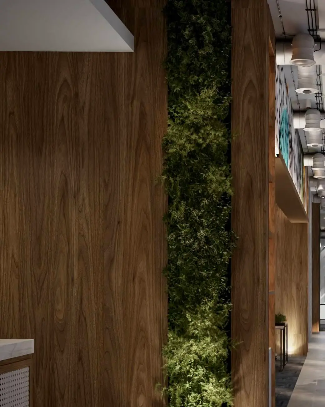 Close-up of walnut panelling beside a vertical green wall
