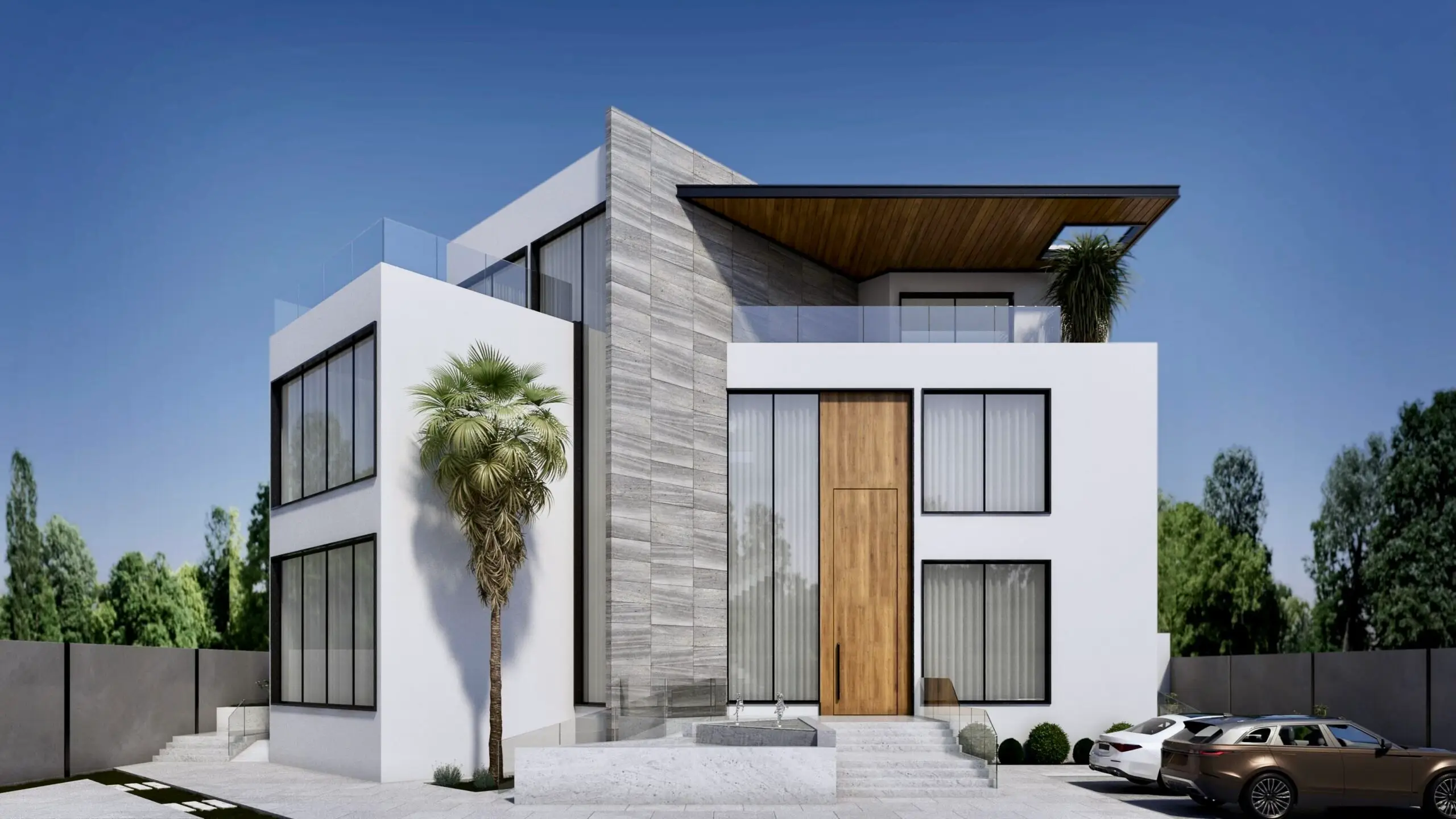 Contemporary private villa facade in white render with stone cladding, a tall timber door and a timber roof canopy