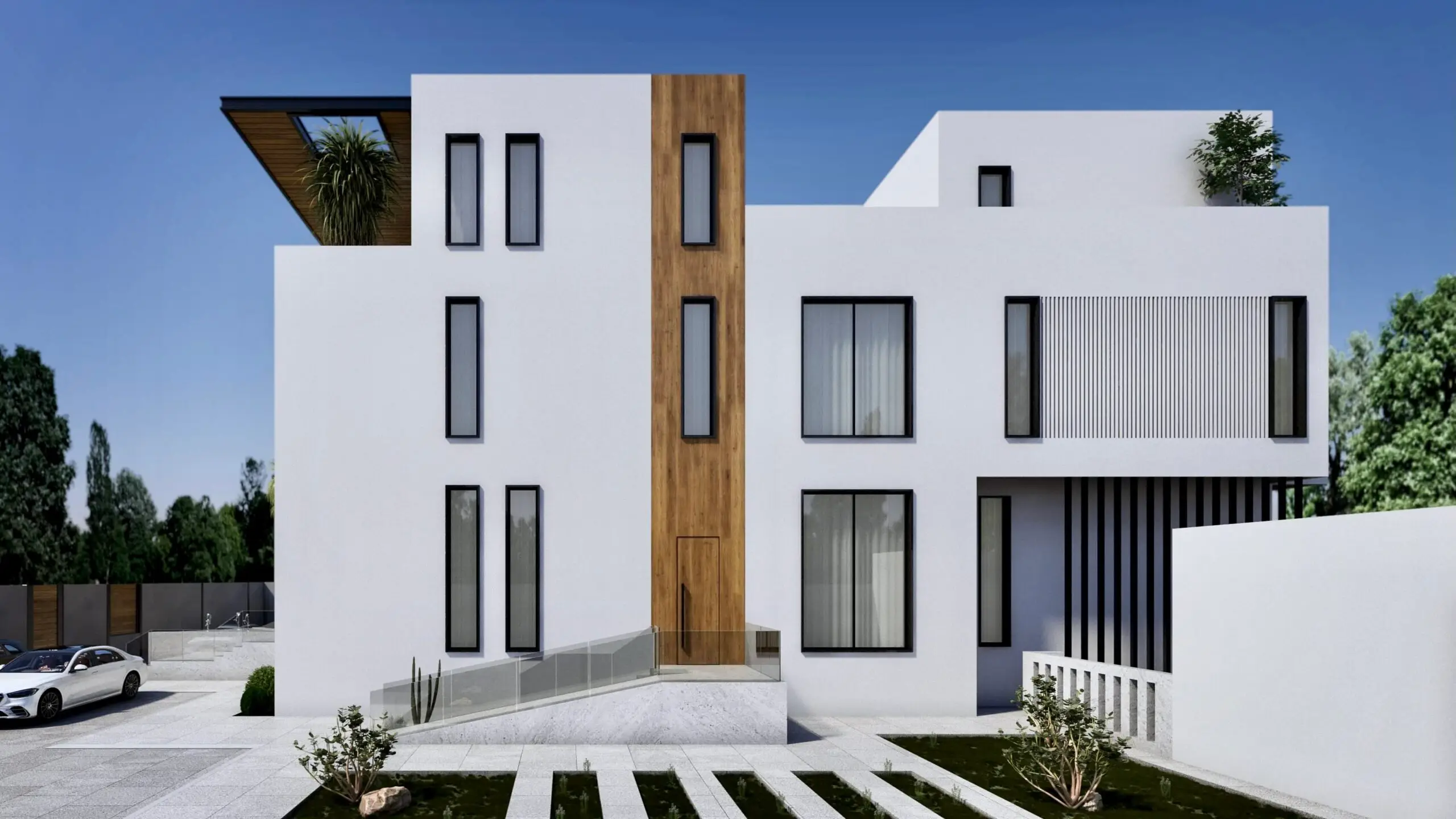 Side elevation of the villa with a timber-clad vertical strip and slim black window frames