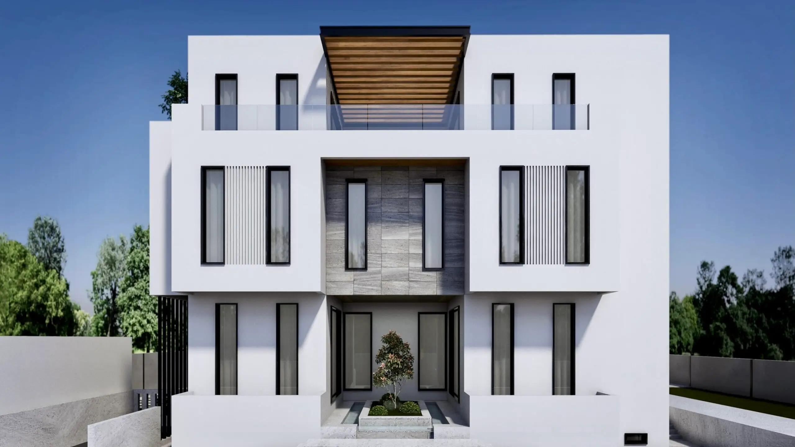 Symmetrical entrance elevation with a timber pergola, stone-clad centre and vertical fins