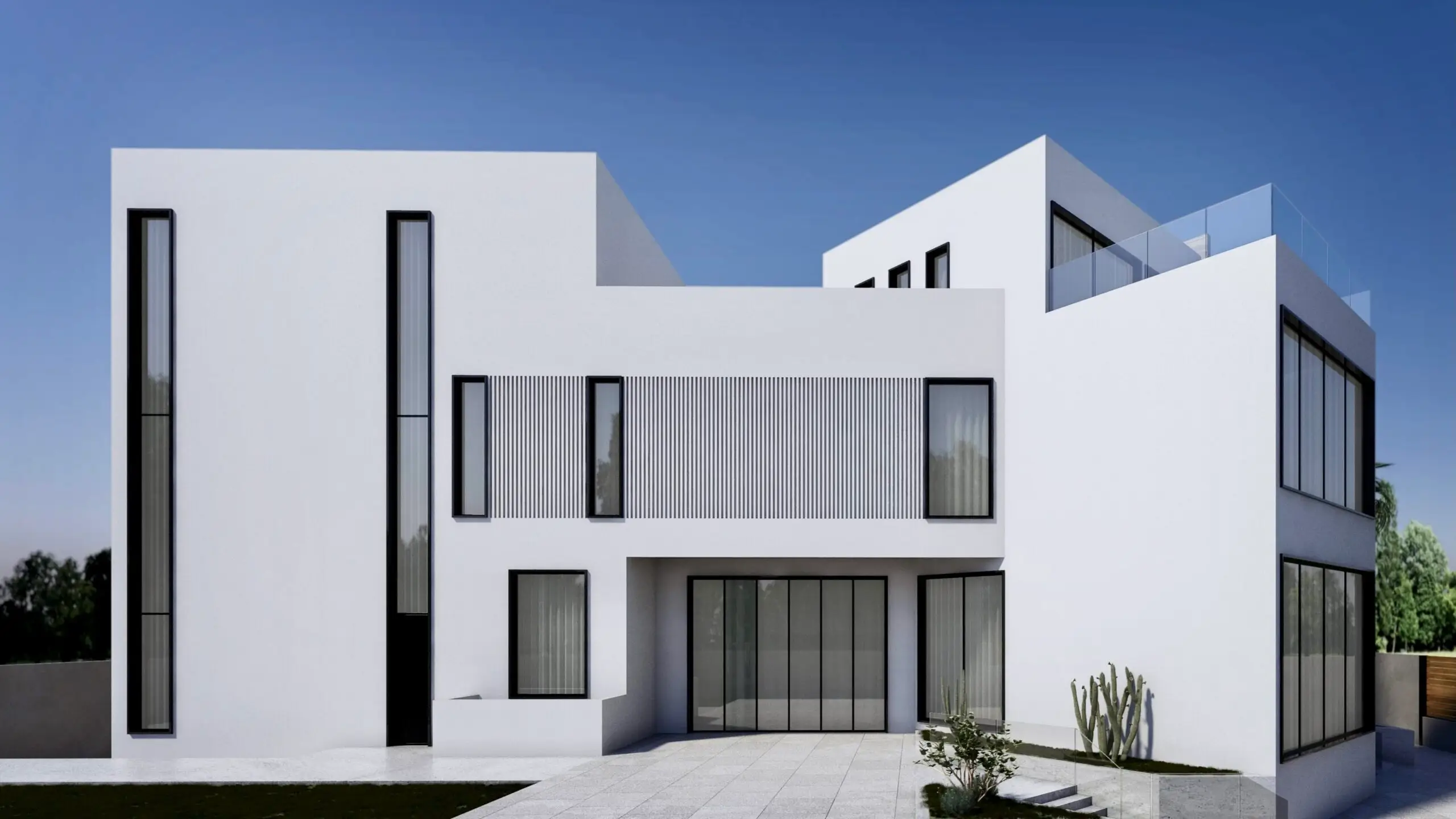 Garden elevation with white volumes, tall slot windows and full-height glazing