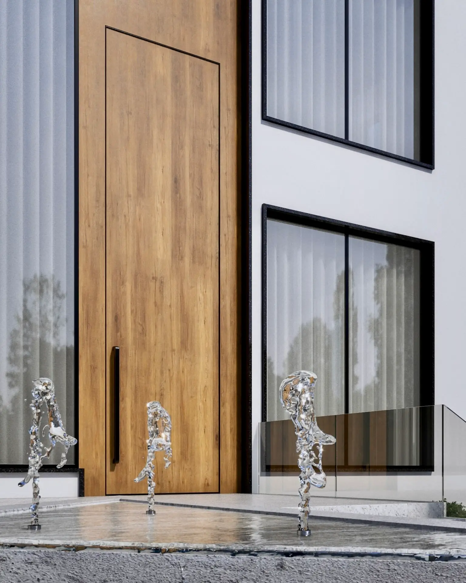 Tall timber front door beside a shallow water feature with glass sculptures