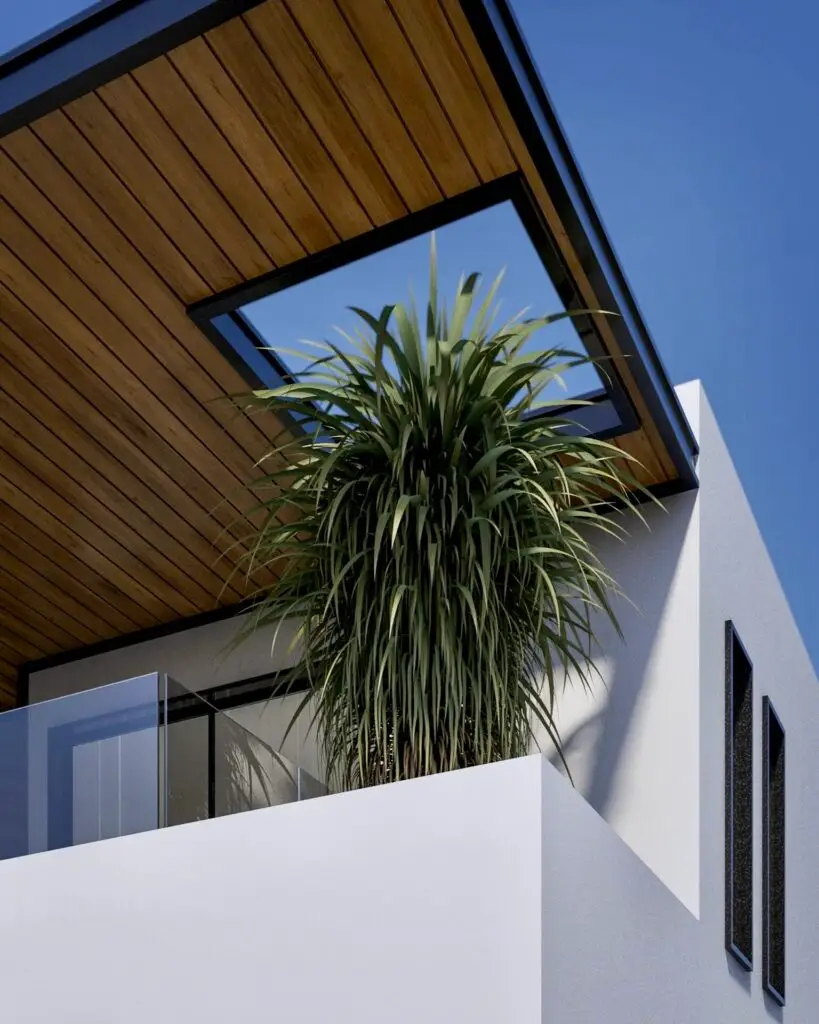 Timber-lined roof canopy framing the sky above a terrace planter