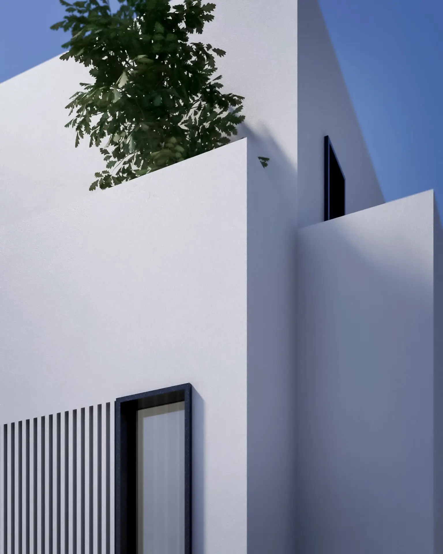 Close-up of white rendered volumes with a slot window and vertical fins