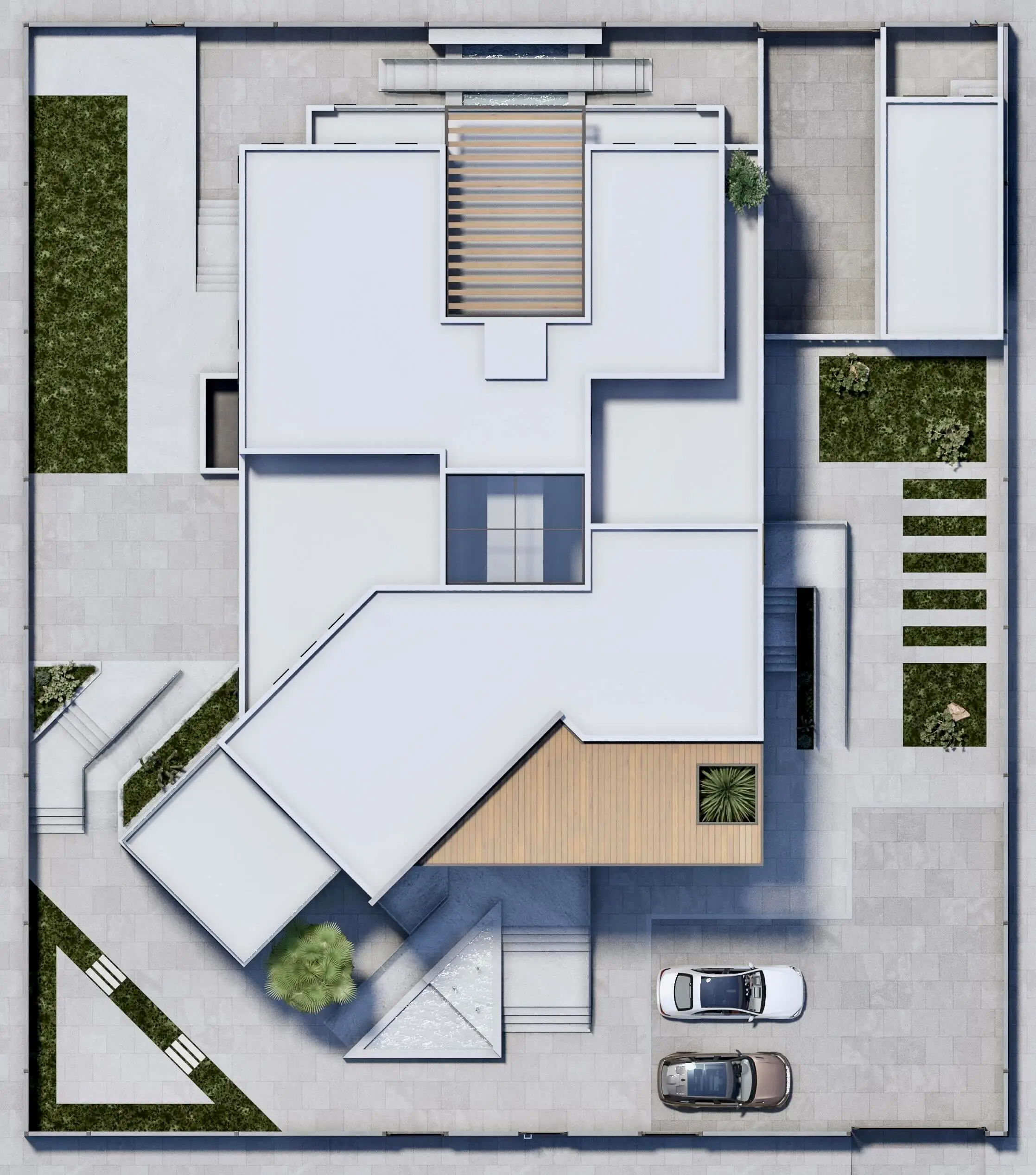 Aerial site plan of the villa showing the roof, gardens, timber deck and parking