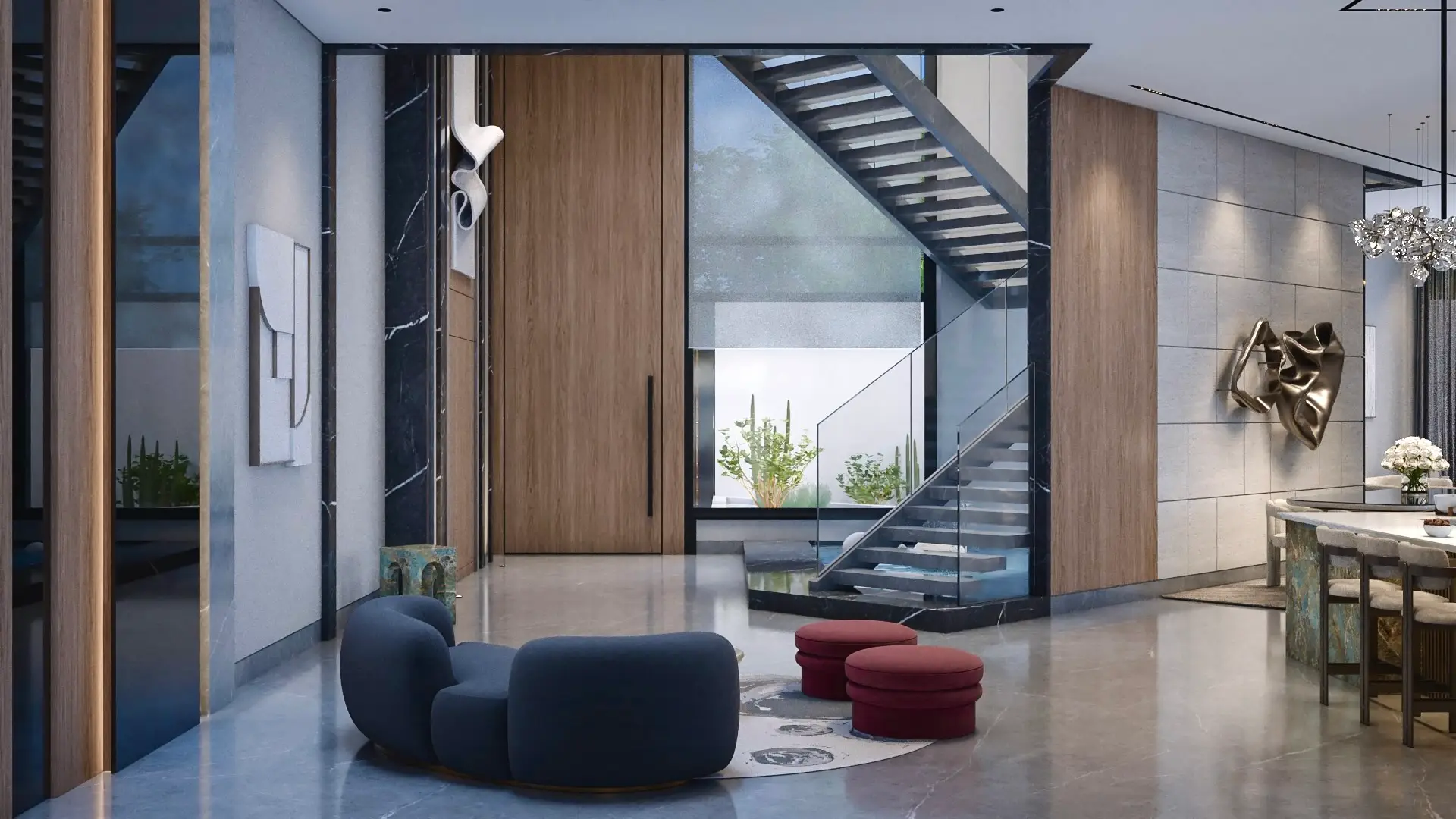 Entrance hall with a floating stair, black marble frame, curved sofa and a full-height timber door
