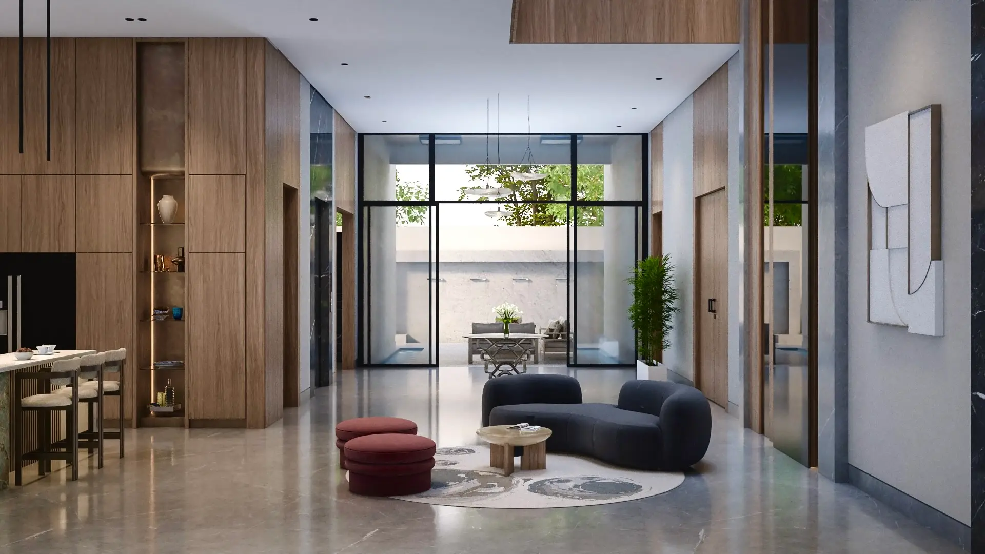Entrance hall opening onto a courtyard, with walnut joinery and a curved navy sofa