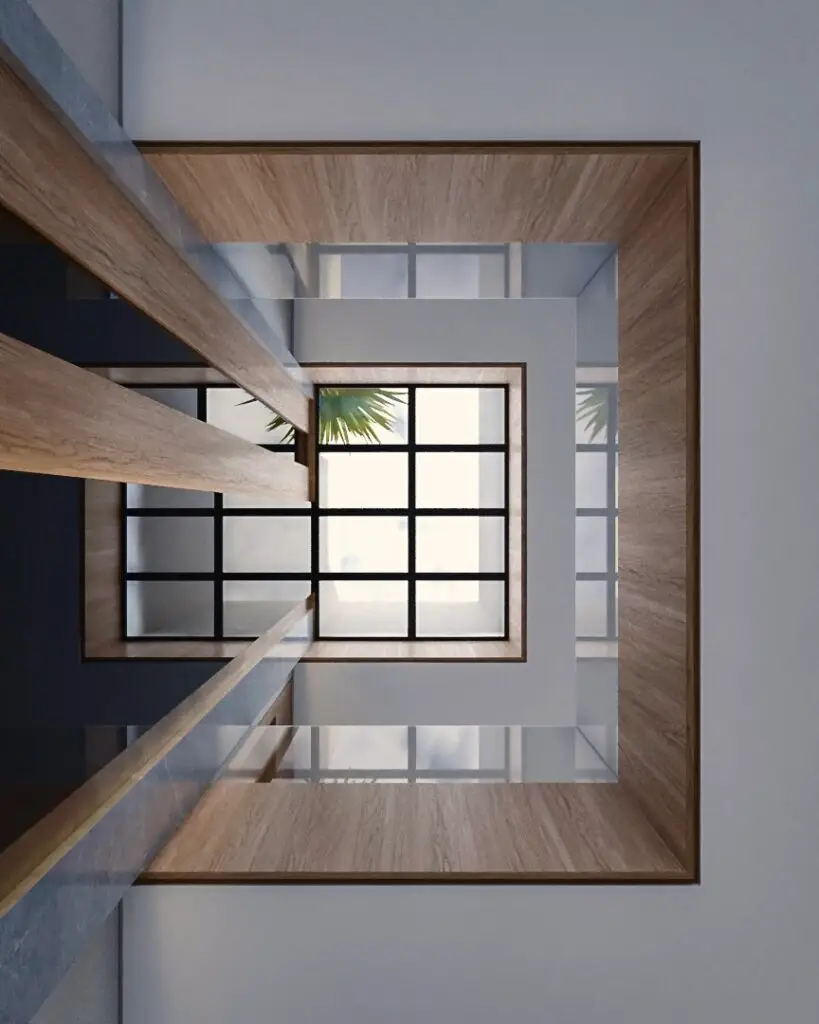 View up through a timber-lined skylight shaft