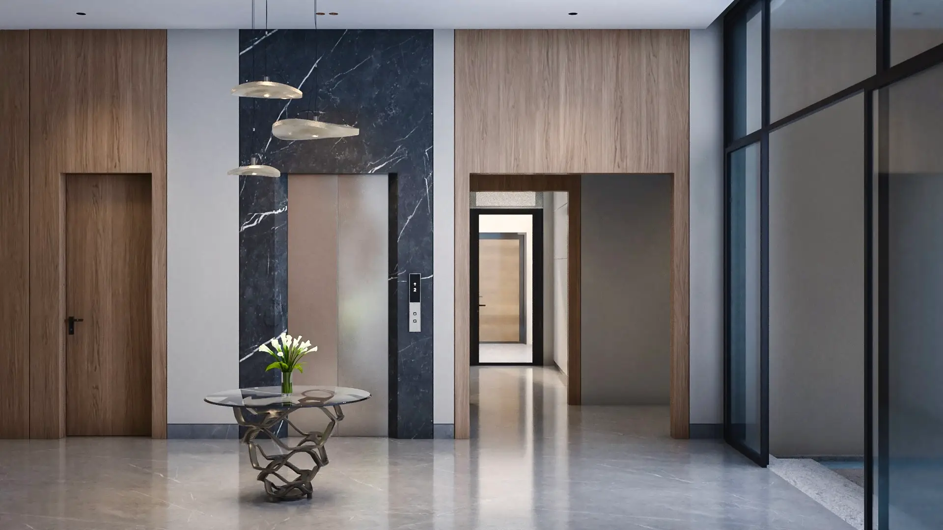 Lift lobby with a black marble feature wall, walnut doors and a sculptural side table