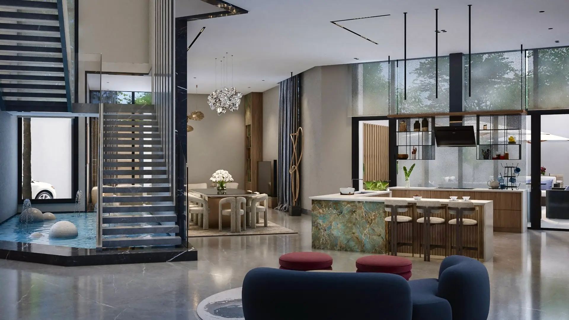 Open-plan living area with a floating stair, indoor water feature, dining area and kitchen