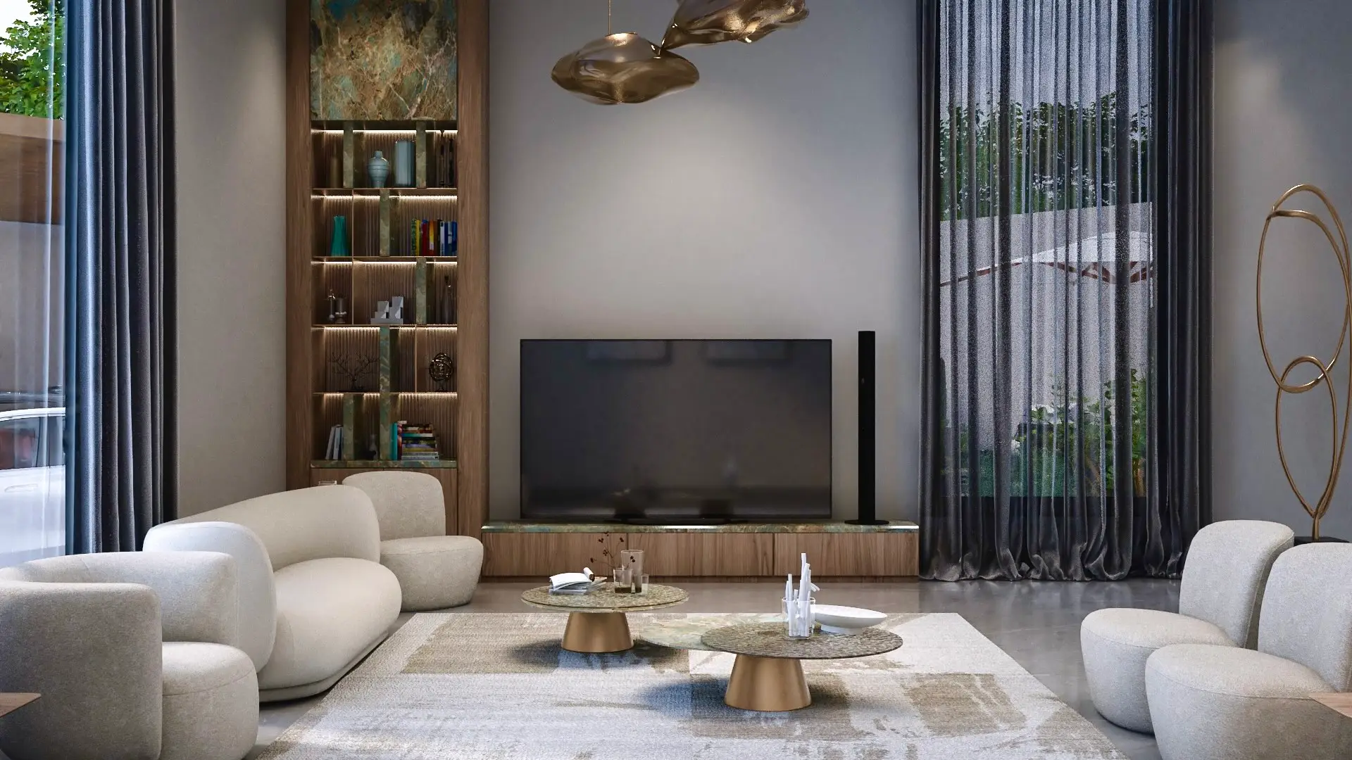 Family lounge with curved cream sofas, a lit walnut shelving niche and sheer curtains