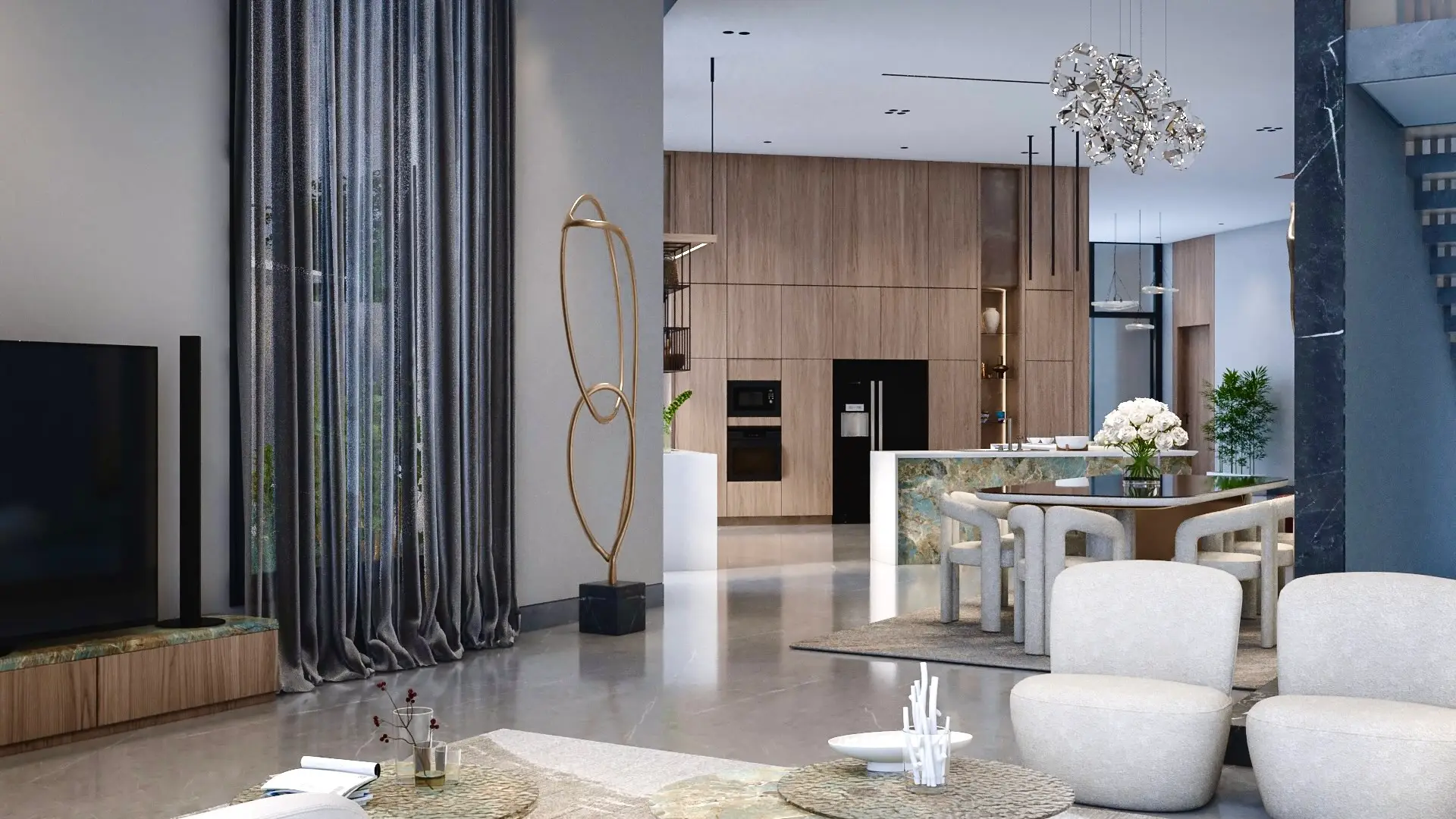 View from the family lounge towards the walnut kitchen and dining area