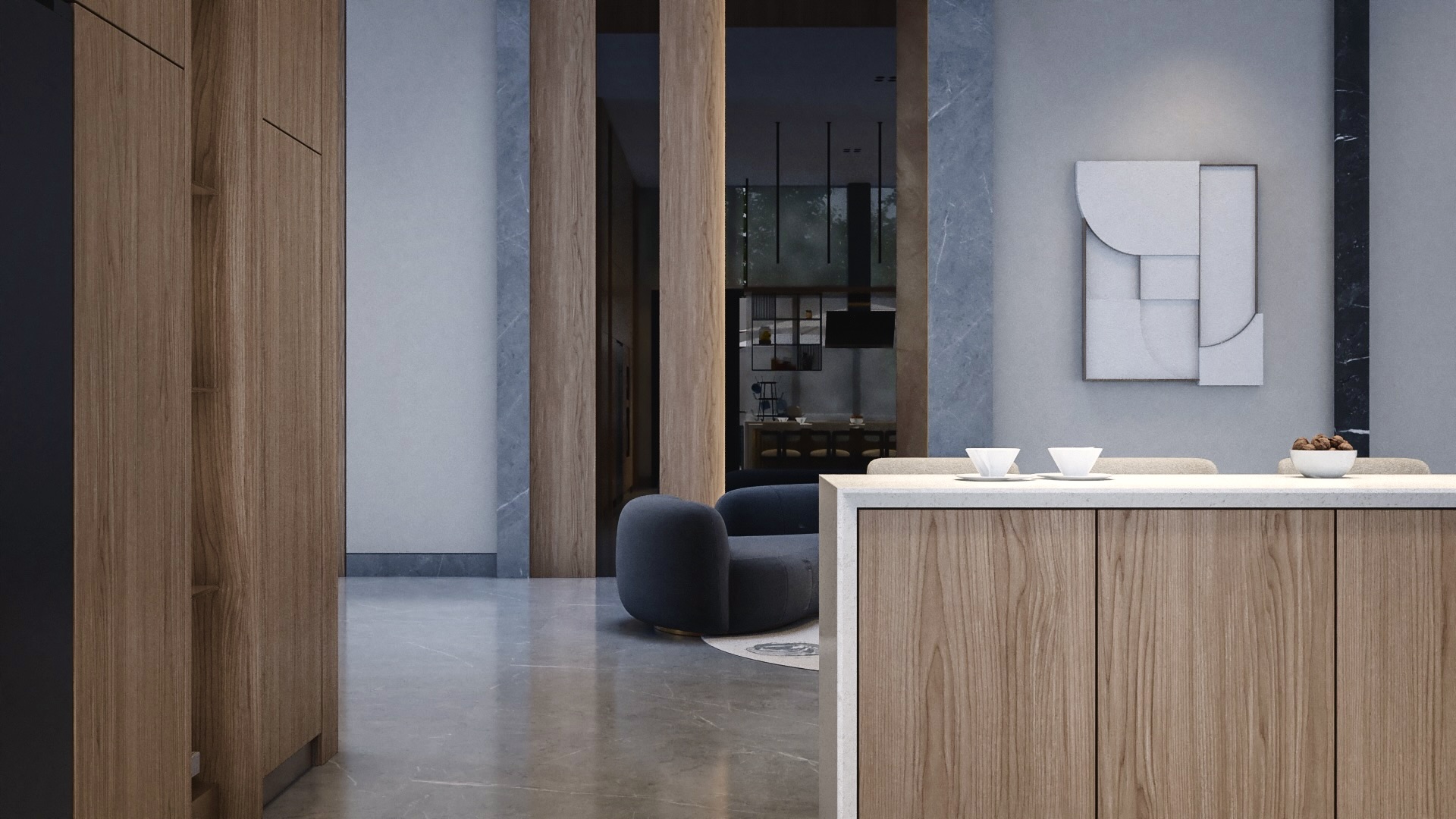 Close-up of a walnut kitchen island with a white stone top and an abstract wall relief