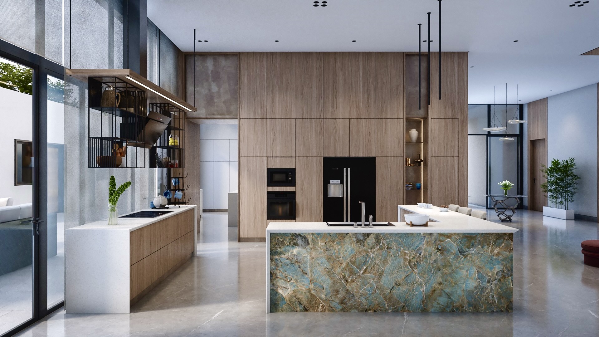 Kitchen with full-height walnut cabinetry and a green onyx island